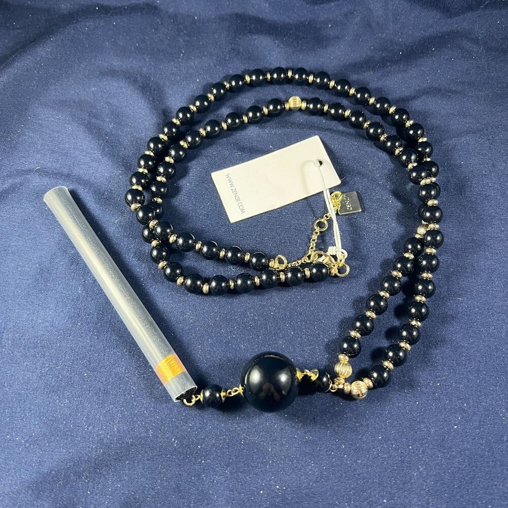 Black Beaded Necklace With Gold Accents & Large Pendant By Zenzii